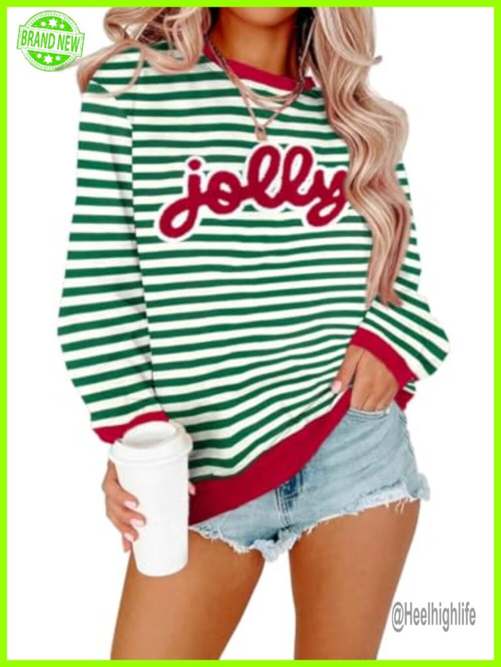 Jolly Glitter Patch Striped Christmas Sweatshirt Crewneck Cotton Blend